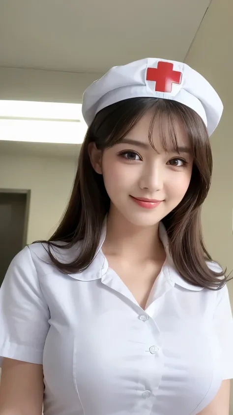 (highest quality, 8k, 32K, masterpiece:1.5), Photos of beautiful women, 1 girl, (big breasts), double eyelid, white nurse uniform, little white nurse (cap), white shirt, open shirt, hospital, hospital room, Upper body, sexy, smile