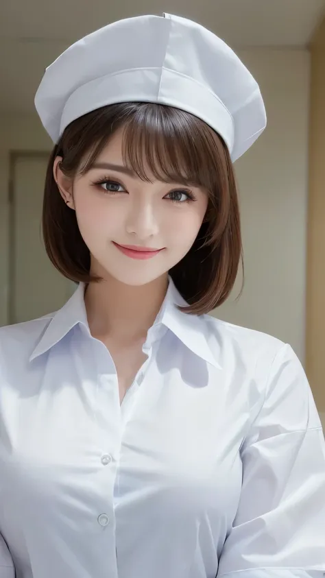 (highest quality, 8k, 32K, masterpiece:1.5), Photos of beautiful women, 1 girl, (big breasts), double eyelid, white nurse uniform, little white nurse (cap), white shirt, open shirt, hospital, hospital room, Upper body, sexy, smile