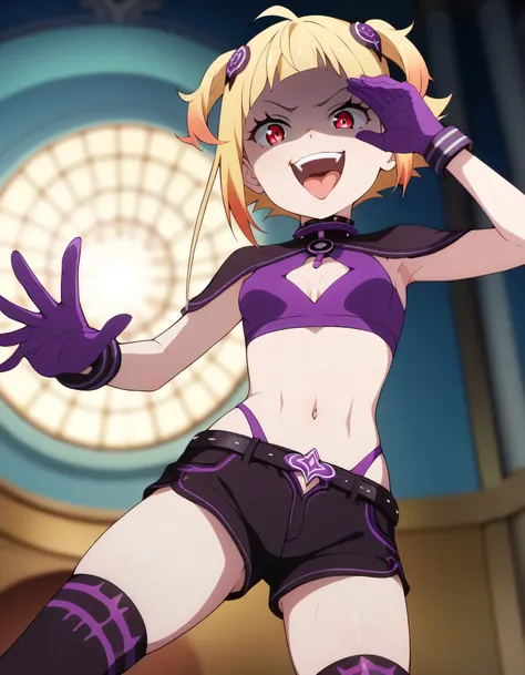 masterpiece, best quality, good quality, newest, CEL, AnFit, red eyes, blonde hair, purple crop top, 1girl, tongue out, black thighhighs, looking at viewer, purple gloves, cowboy shot, short shorts, black shorts, small breasts, highleg panties, hair orname...