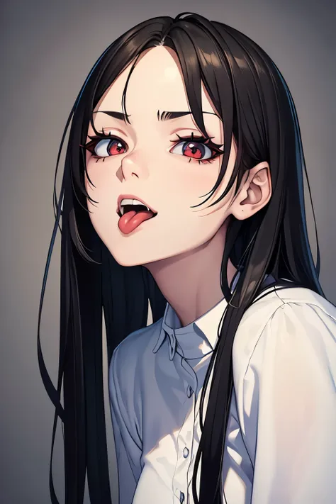 masterpiece, best quality, 1girl, black hair, red eyes, white shirt, matured face, mugshot, pale, terrifying, thin, sinister smile, tongue out, ahegao, open mouth, upper body, perfect body, looking at camera, posing, perfect face, perfect eyes, detailed ey...