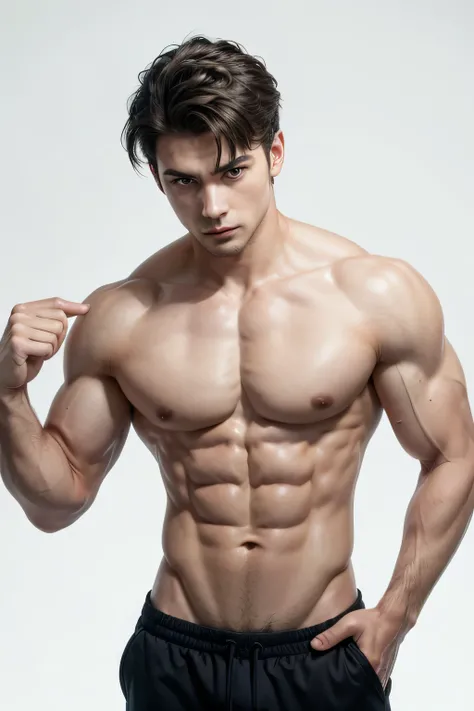 Man with well-defined abs on a white background 