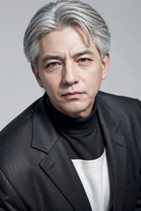 Gray-haired man in black clothes and white background with sjungkooks face photo 4x4