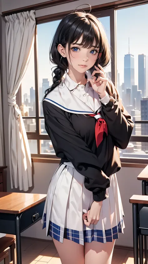 1girl, ahoge, messy single braid, crossed bangs, round eyebrows, black hair, coke-bottle glasses, bags under eyes, jitome, blue eyes, freckles, parted lips, mole under mouth, nervous smile, (petite:1.3), humpbacked, school uniform, long sleeves, huge breas...