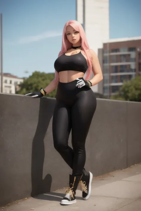 A woman, long pink hair, sky blue eyes, voluptuous, black sportswear, black lycra pants, black gloves with gold, military girl pose, serious, sexy, black necklace adjusted to the neck, black boots with white converse style,Voluptuous and very beautiful war...