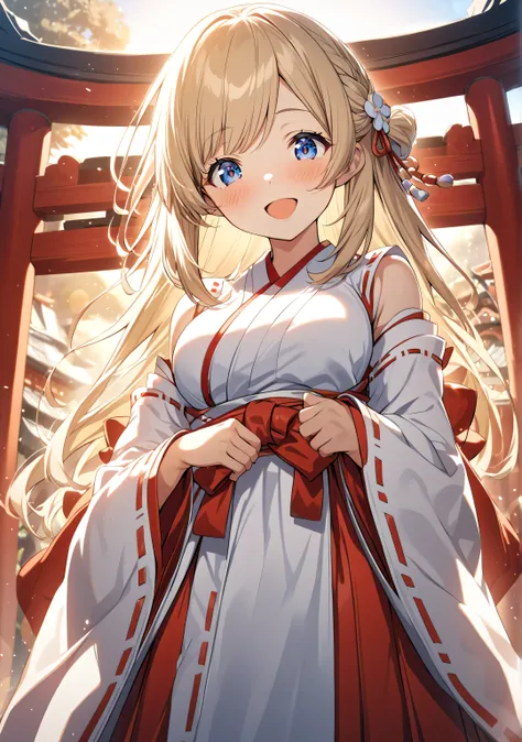 1 girl, Game CG,
shallow depth of field, a portrait with a soft Gaussian blurred background, creating a dreamy atmosphere, focus on face,
cowboy shot, from bellow, straight standing, looking viewer, enjoy expression, big laugh, open mouth, blush,
(blond...