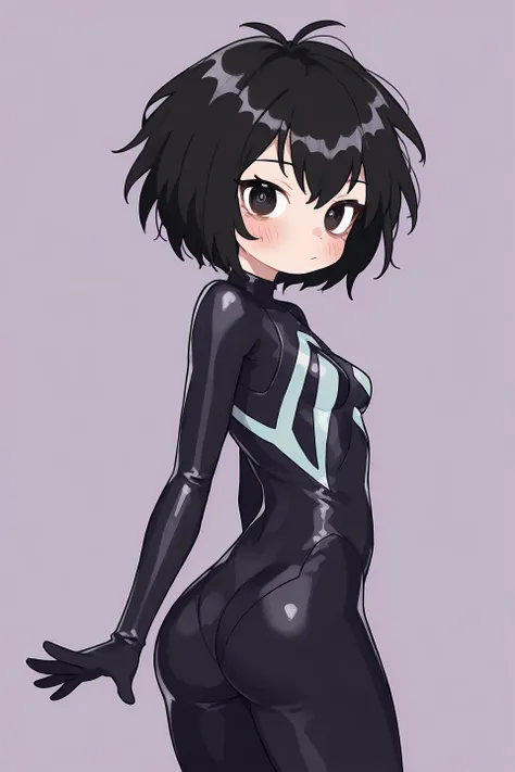 Peni_Parker(Spider-verse),cute,kawaii, venom suit, tight suit, (cute small butt: 1.1), small breasts, skin color white,(wide hips), black hair, ((Peni parker: 1.2)), looking back at viewer. BREAK .quality(8k,wallpaper of extremely detailed CG unit, high re...