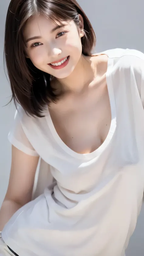 (( top quality , 8k, masterpiece :1.3)), Sharp Focus :1.2, beautiful mature woman , 24 years old, ((Spacious T-shirt)), exposed nipples, (( lean forward)), ( small breasts), (smile:1.15), Highly detailed facial and skin textures , detail eyes, off...