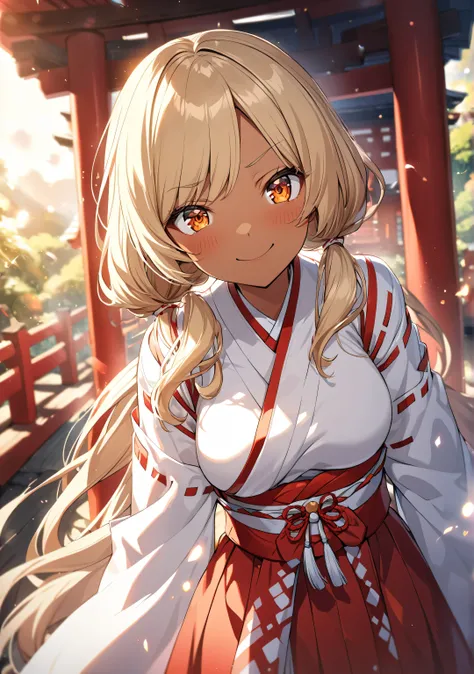 1 girl, Game CG, 
shallow depth of field, a portrait with a soft Gaussian blurred background, creating a dreamy atmosphere, focus on face, 
cowboy shot, from bellow, straight standing, looking viewer, enjoy expression, smug Smile, blush,

(blond Hair, stra...