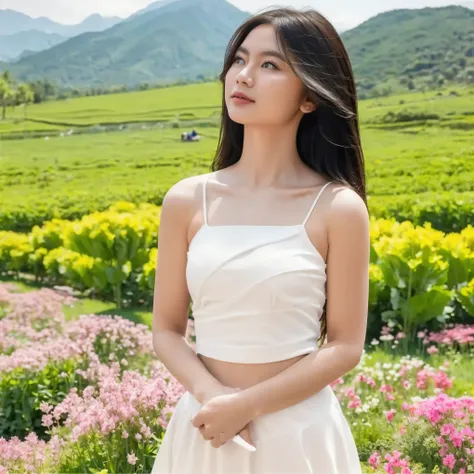 (masterpiece, best quality:1.2, 8k RAW photo, 1girl, solo, natural soft lighting), small breast, standing in flower field, mountains background, upper body, looking at camera