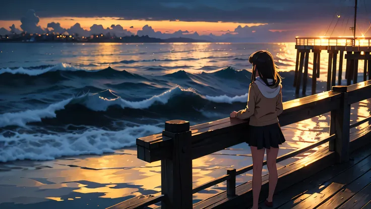 Girl on a pier looking out at the calm sea at dusk, with Golden Reflections in the Water.