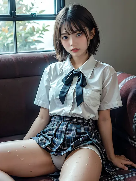   very detailed CG Unity 8k wallpaper、  top quality 、  very detailed、masterpiece、reality、reality、  very detailedなかわいい女の子、(Japanese Uniform)、(( In the morning:1.4))、(( Shot from a little below :1.4))、((  is sitting on a red couch  :1.4))、、Cleft lip、  watchi...