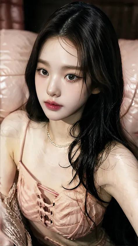 a woman, with features similar with wonyoung and karina. wearing a laced pink lingerie, taking a sexy selfie