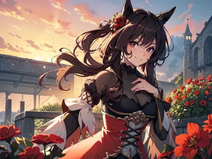 ((Solo)), (Fan art for PC wallpaper), (Drawing focused on chest), (Shortened fingers), Horse ears, Makeup, Smiling showing gums, (Resting chin on hand), (Black see-through outfit), ((Red flower bed)), (Red sky), Inside castle walls, Wind blowing, (Dynamic ...