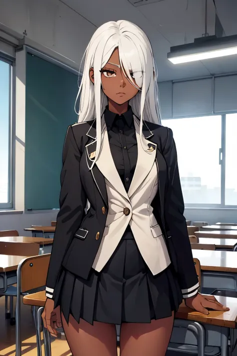  1girl, (dark skin:1.4), long hair, white hair, hair over eyes, black eyes, big eyes,sleepy, tareme, slender, full bust, school uniform, blazer, modern style with fitted jacket, short skirt, and high socks, school, bashful, classroom, standing