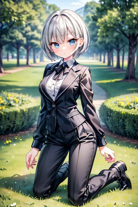 (extremely detailed, 8K resolution, with sharp focus, masterpiece, best quality, Moe Art style, safe for work:1.3), 1 cute lady, slender full body, kneeling on the grass in the park, silver short hair, black collared jacket, black pleated long pants:1.2, d...