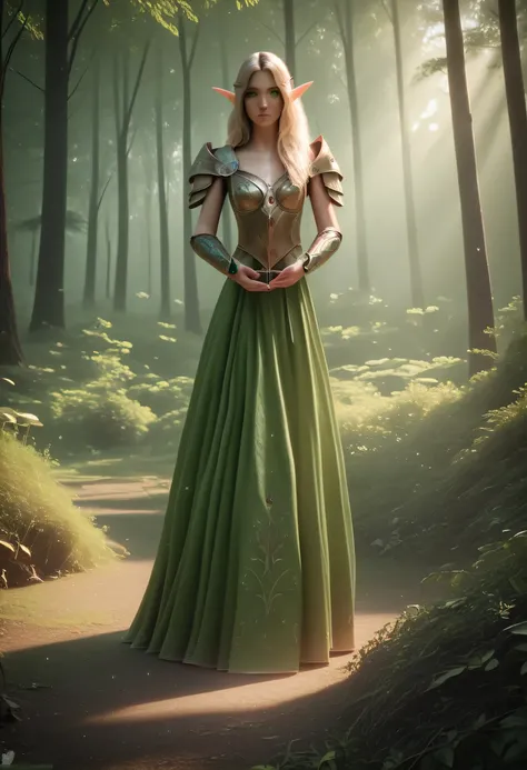 archer elf, 1girl, detailed facial features, beautiful green eyes, delicate pointed ears, long flowing hair, intricate elven armor, medieval fantasy, holding bow and arrow, standing in lush forest, sunlight filtering through trees, (best quality,4k,8k,high...