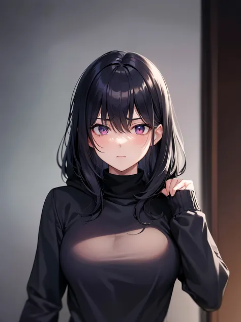 30-year-old,  Watch Viewers ,  Dark , 1girl solo, black hair,  adult woman, cool,  aunt, Shot above bust,  Mysterious,  yandere ,  Dark Room, Troubled face, night,  in the room,Hikikomori, wearing a hood 