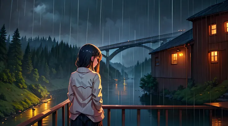 Girl with her back on a bridge looking at the river as the rain falls gently.