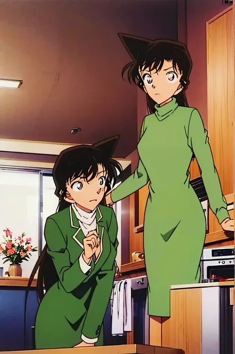 1 girl、{{{mouri ran}}}, {{{meitanntei conan}}}, {{{long hair}}}, {{{official style}}}, {{{adult}}}, tight green dress (turtleneck, simple, long sleeves) 、 (light green cropped short jacket), green
socks,kitchen,bringing upper body to the sink, open, leani...