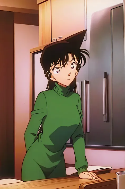 1girl、{{{mouri ran}}}, {{{meitanntei conan}}}, {{{long hair}}}, {{{official style}}}, {{{adult}}}, tight green dress (turtleneck, simple, long sleeves) 、 (light green cropped short jacket), green
socks,kitchen,bringing upper body to the sink, open, leanin...