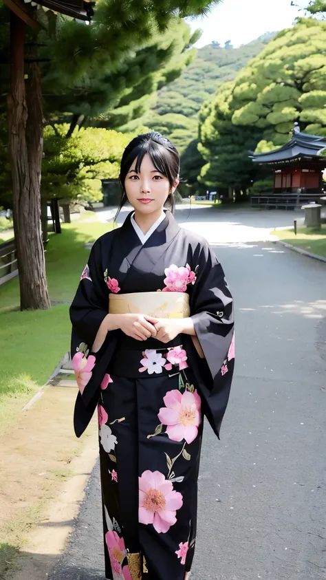  Japanese woman wearing a kimono and taking a walk around the shrine grounds。　The woman has beautiful black hair 。　