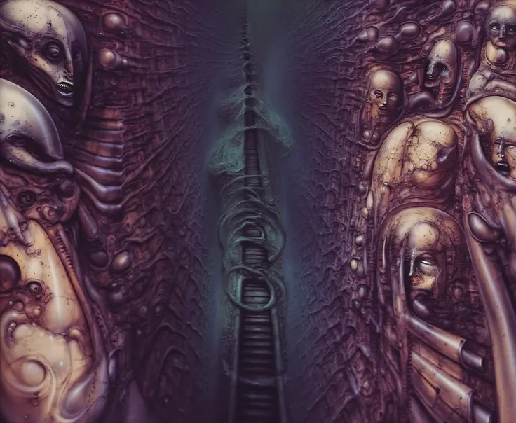 g1g3r, Giger_style, The image is a detailed view of H.R. Gigers " NYC " plate, featuring a complex network of bones and constructions.
The image depicts a dense, vertical arrangement of skeletal figures and faces, tightly packed and interconnected. The ov...