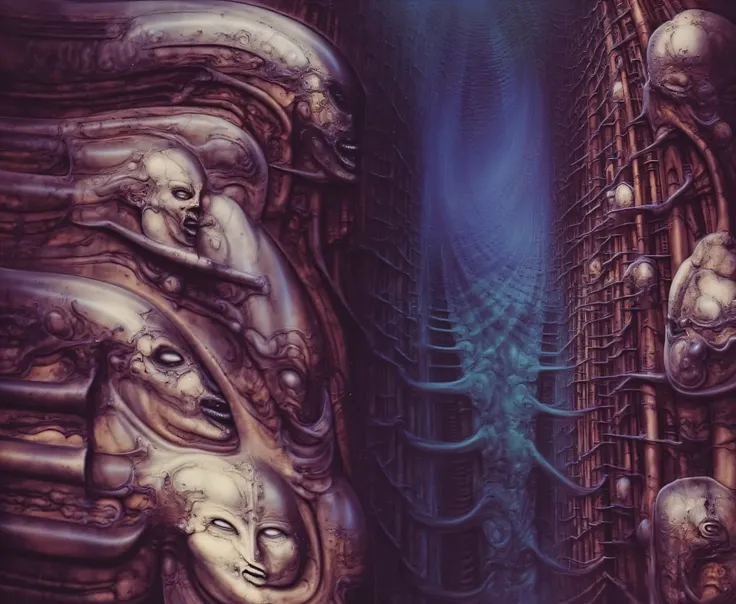 g1g3r, Giger_style, The image is a detailed view of H.R. Gigers " NYC " plate, featuring a complex network of bones and constructions.
The image depicts a dense, vertical arrangement of skeletal figures and faces, tightly packed and interconnected. The ov...