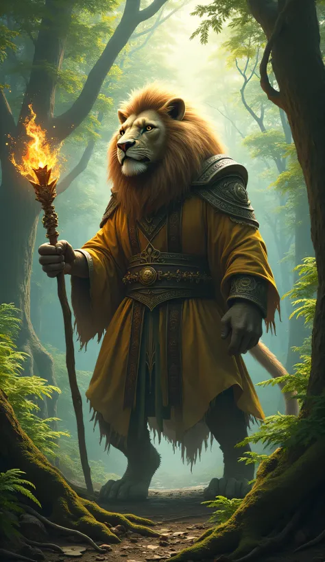 Create a realistic monstrous hybrid image of a wizard with a magic wand and a lion in a forest, realistic scene