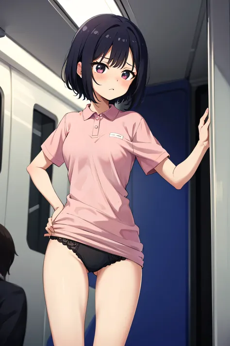  top quality ,  high res, 1.Woman having trouble opening her legs, squinting face, blush, dark eyes, cute eyes, C cup naked, short hair ,  black hair, physical examination, from before interrogation, pink polo shirt, lowering hands wide, black panties, sti...