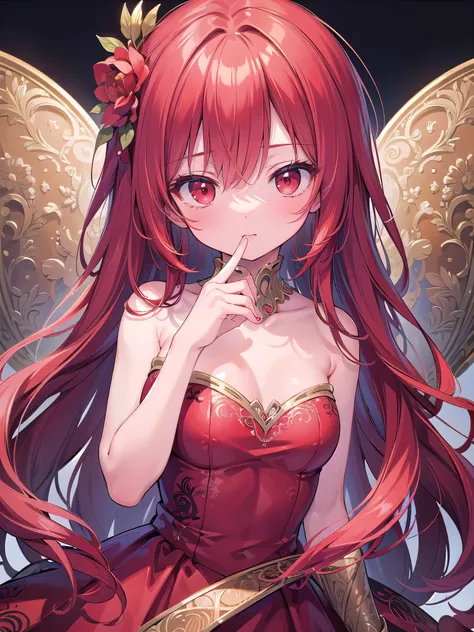 (masterpiece,  Best Quality ,  very detailed CG,  intricate details: 1.2), 8K Wallpaper, masterpiece,  Best Quality ,  Super detailed , textured skin ,  Very cute face ， Ultra HD,  anatomically correct， red hair， red eyes， girl， strapless，Character Design，...