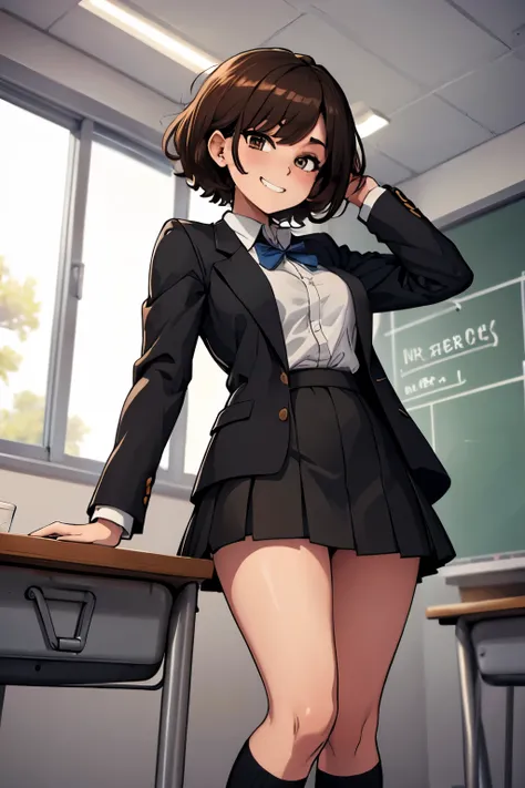  1girl, brown hair short hair, messy hair,  black eyes, big eyes, tareme, slender, medium breasts, grin, school uniform, blazer, modern style with fitted jacket, short skirt, and high socks, school, bashful, classroom, standing