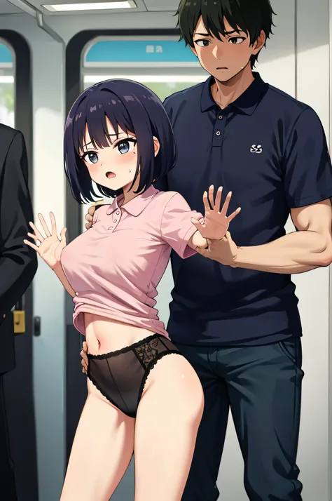  top quality ,  high res, 1.Woman raising her hands, trouble, squinting face, black eyes, cute eyes, C cup, naked, short hair ,  black hair, physical examination, from before interrogation, pink polo shirt, lowering hands wide, black panties, sticking out ...