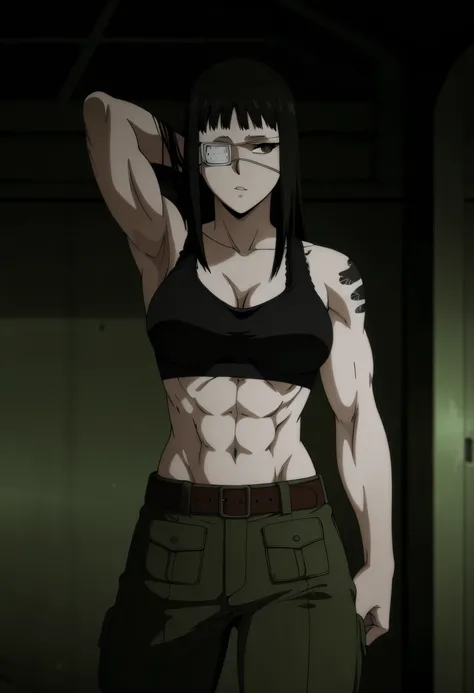 1girl,solo,mm,mature female,black hair,eyepatch,brown eyes,medium breasts,anime coloring,long hair, muscular,black sport bra and green military trousers with belt,cowboy shot, armpits appear, ,military base, tattoo, ,masterpiece,best quality,amazing qualit...