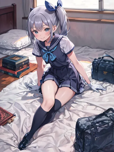  top quality , masterpiece,  very detailed,  1 woman , Alone, smile, fukae , tsurime,  side ponytail,  school uniform,  on my bed, Blue Sailor Collar,  blue bow ,  blue neckerchief, Short sleeve, white gloves,  blue skirt,  pleated skirt ,  Black Sox ,  kn...