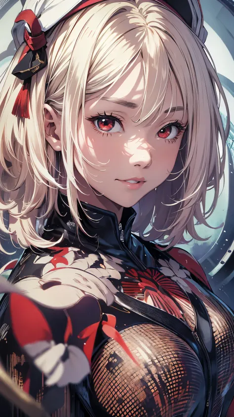 超 high res、 high res、(masterpiece:1.4)、 Super Fine、 woman、 from above、 Platinum Blonde 、 medium hair、Red Eye、 grins、 upper body closeup、