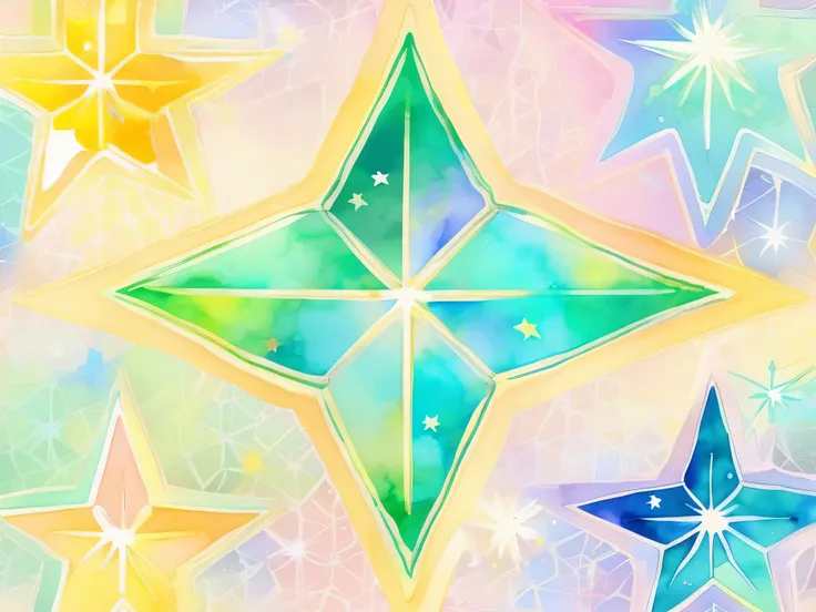 pale watercolor star pattern 。 with gentle pastel colors at the center 、 transparent light tones spread 。The background has a soft gradation 、green and blue 、Yellow harmonizes 。 stars come in a variety of sizes、 bleeding outlines 。 with a soft and delicate...