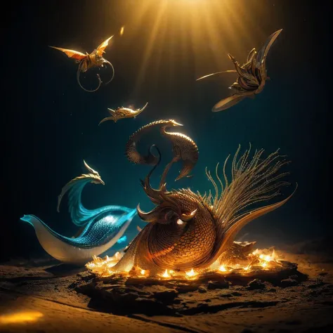 Fire, mercury, pearls, nautilus, gold mines，Stereo equidistance，starlights，Dingdall effect，Light and shadow intensification，3D modeling，Four-dimensional model，Virtual Engine，rendering，Studio lighting，The light shines，Fantasy atmosphere，vibrant with colors，...