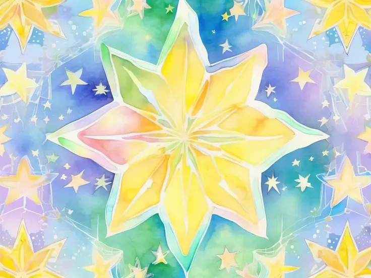 pale watercolor star pattern。 with gentle pastel colors at the center 、 transparent light tones spread 。The background has a soft gradation 、green and blue 、Yellow harmonizes 。 stars come in a variety of sizes、 bleeding outlines 。 with a soft and delicate ...