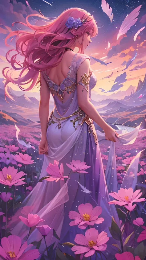 Create a fantastical scene featuring a young girl with delicate fairy-like features, standing in a vibrant landscape filled with large, shimmering crystals. She should be wearing an elegant dress that blends shades of blue and purple, adorned with floral e...