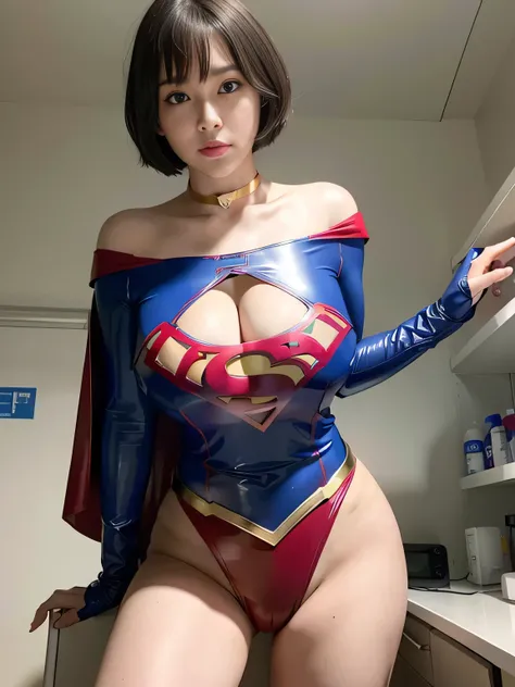 masterpiece、 latex supergirl costume 、 Off Shoulder 、Ultra short hair、 Big and Rich Breasts 、 shiny sweaty skin 、Look directly into the camera、 choker 、Provocative cleavage、 Long Sleeve 、Cape、Glamorous bare legs、 in front of laboratory equipment in hospita...