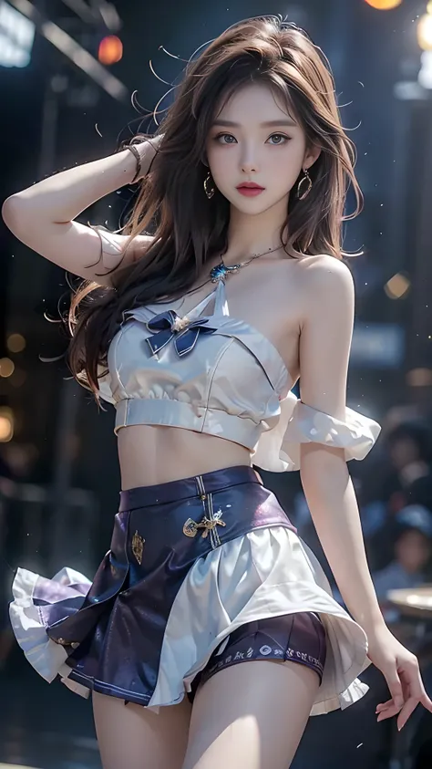 1 girl, 19 years old, ((city in Vietnam)), dark brown hair, purple eyes, hair ornament, white dance short skirt ((cowboy photo)), ((bare shoulders)), ((short skirt)), realistic detailed photo of a plumple breasted girl with exposed shoulders, detailed fing...