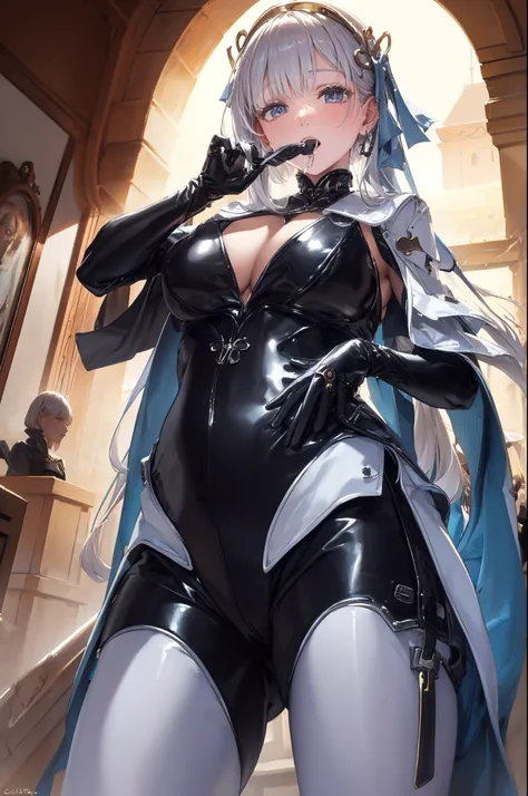 (  best quality ,4K,8K,   high resolution  ,masterpiece:1.2),  extremely detailed, mature women who want oral sex,,  magic  ,charm,joy, Holy Goddess ,  magic  al effect,Silver Hair,  white eyes ,Rubber suit，boots