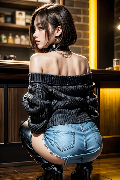  software,( Thigh-high boots, stiletto heels,  miniskirt,  tight skirt ,(  OFF SHOULDER SWEATER ),(thick collar ),(Chain Embellished  )), Draw them together ,(( Rear View, squat)), 20 year old Japanese woman, small butt,  thin thighs  , Thin Stomach ,  lon...