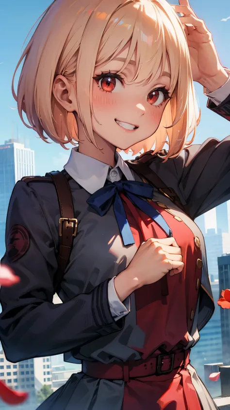 masterpiece、 top quality 、woman、 Platinum Blonde 、 bob hair、bangs、 eyebrows visible through hair、Red Eye、Red blush、smile、 grin 、 upper body closeup、Chest、Red Uniform、 dress shirt、 Y shirt、 dark blue tie ribbon 、 school uniform、 red skirt 、solo、blue sky、Pet...