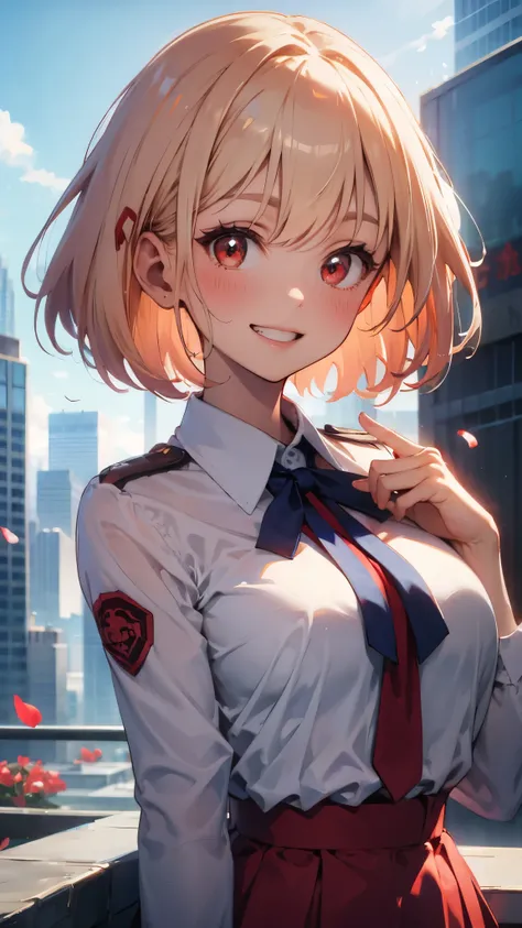 masterpiece、 top quality 、woman、 Platinum Blonde 、 bob hair、bangs、 eyebrows visible through hair、Red Eye、Red blush、smile、 grin 、 upper body closeup、Chest、Red Uniform、 dress shirt、 Y shirt、 dark blue tie ribbon 、 school uniform、 red skirt 、solo、blue sky、Pet...