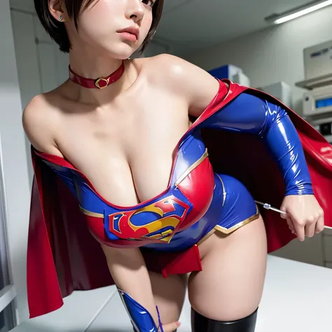 masterpiece、 latex supergirl costume 、 Off Shoulder 、Ultra short hair、 Big and Rich Breasts 、 shiny sweaty skin 、Look directly into the camera、 choker 、Provocative cleavage、 Long Sleeve 、Cape、Glamorous bare legs、 in front of laboratory equipment in hospita...