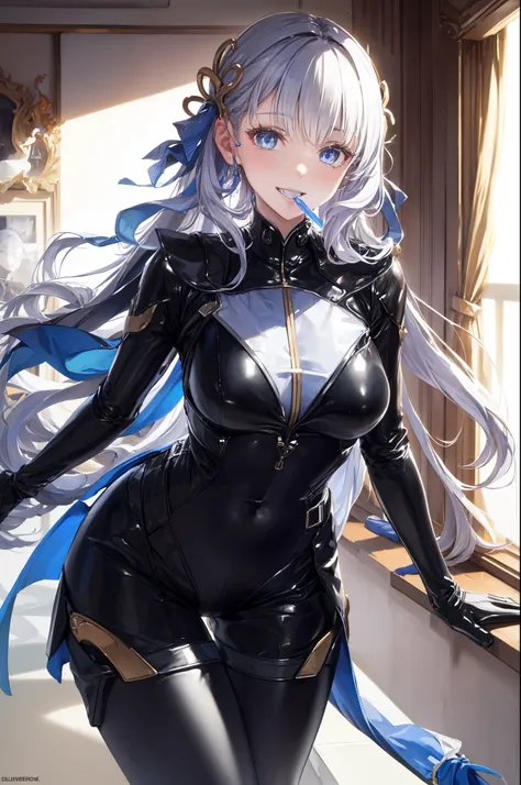 (  best quality ,4K,8K,   high resolution  ,masterpiece:1.2),  extremely detailed, mature women who want oral sex,,  magic  ,charm,joy, Holy Goddess , Smile,Silver Hair,  white eyes ,Rubber suit，boots