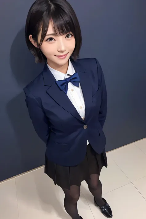 navy blue blazer、(( Hides below the knee with a navy blue tight skirt))、White blouse、((navy blue plain large bow tie))、((( Black Pantyhose )))、(( black loafers))、(( full body photo of a standing figure showing all the way to the feet))、 cute high school g...