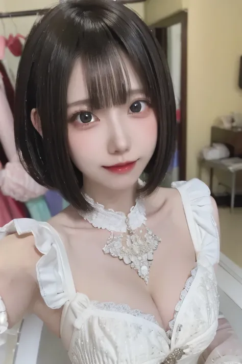 A hyper-realistic anime-style character with a cute and angelic appearance. She has a short bob haircut with straight black hair and delicate white highlights. The character is wearing an elaborate, detailed white lace dress with intricate floral patterns ...