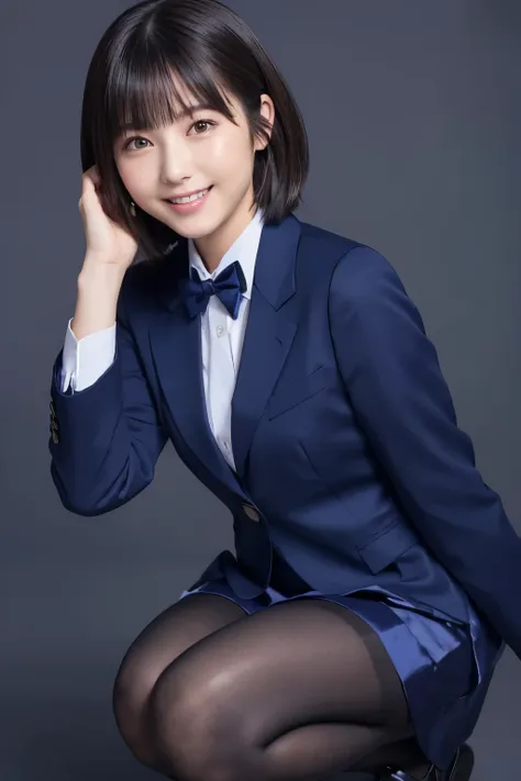 highest image quality taken by Ki、HDR、Navy blue vest、((Long tight skirt that hides the knee in plain navy blue ))、White blouse、((navy blue plain large bow tie))、((( Black Pantyhose )))、(( black loafers))、((A picture of a standing figure up to the knee))、 ...